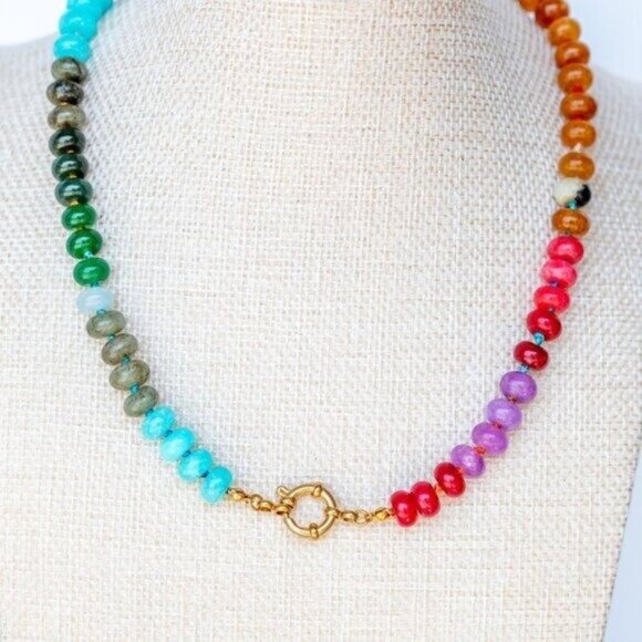 Chunky Beaded Choker waterproof Gold Charm Clasp Colorful Gemstone Necklace CUTE - Picture 9 of 12